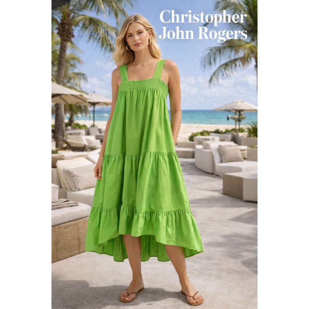 Christopher John Rogers for Target Neon Green Tiered Dress Smocked Resort Midi M